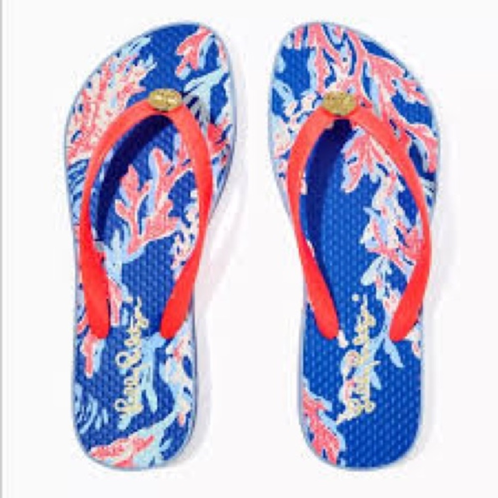 Lily Pulitzer Light Blue Flip Flops with Coral Accents